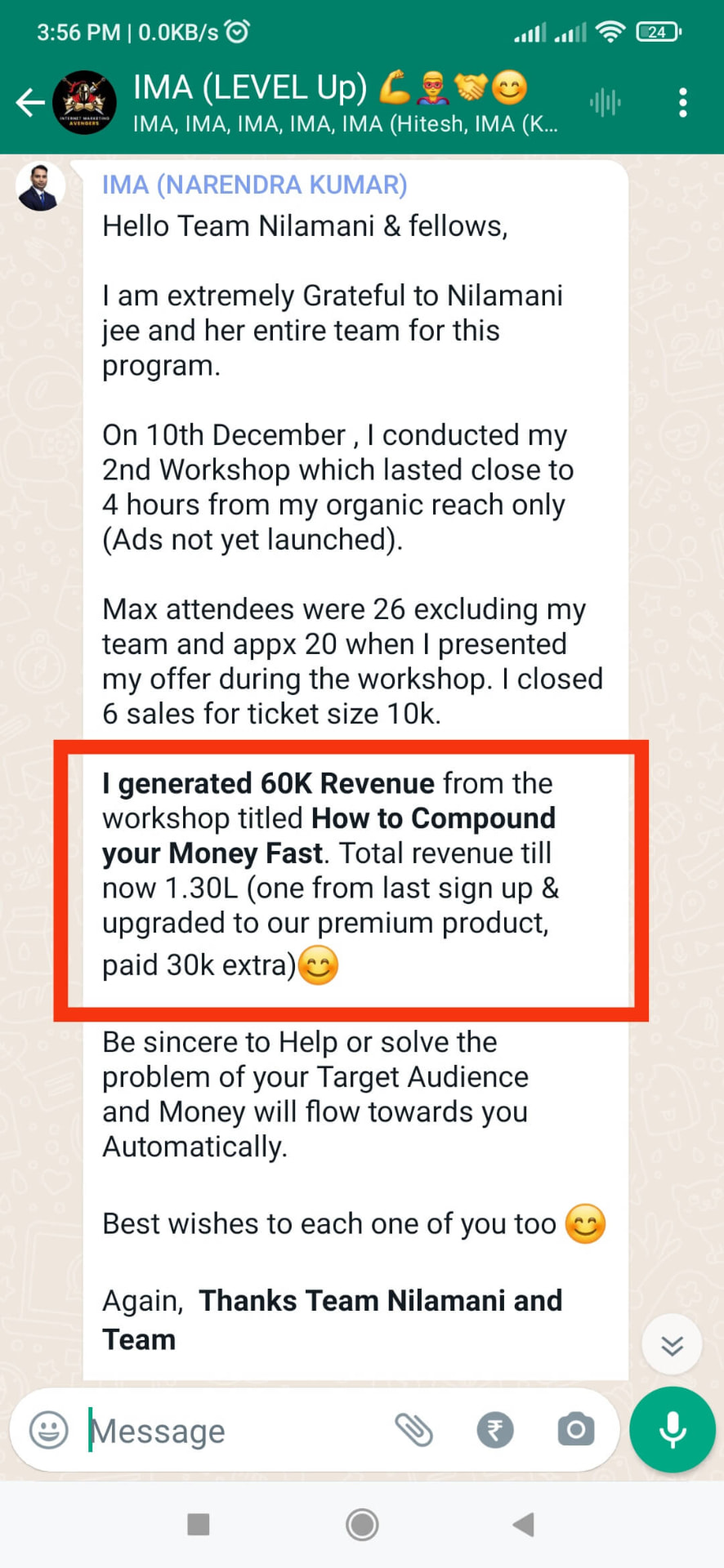 Client result screenshot — Mr. Naren Kumar, Life Strategist: ₹1.30 Lakhs in 2 Workshops