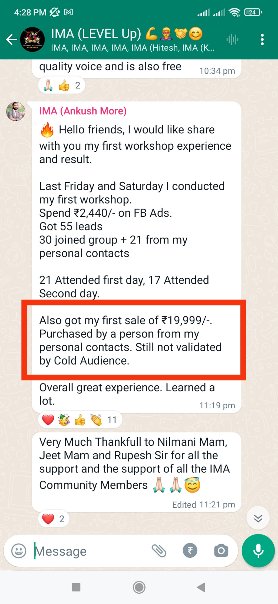 Client result screenshot — Ankush More, Life Coach: ₹19,999 in First Workshop