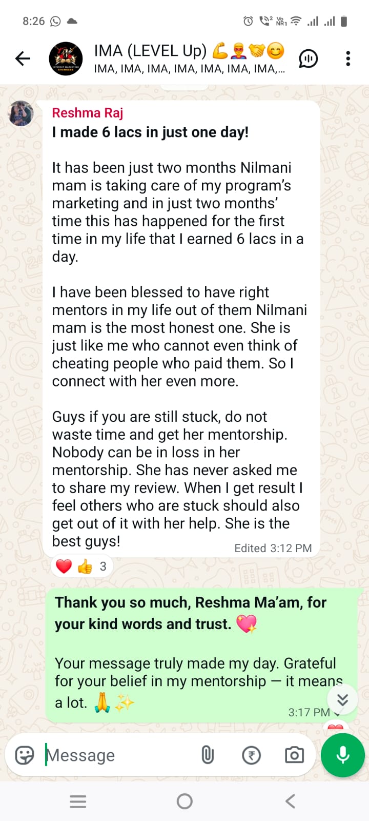 Client result screenshot — Reshma Raj, Hair Regrowth Expert: ₹6 Lakhs in a Single Day