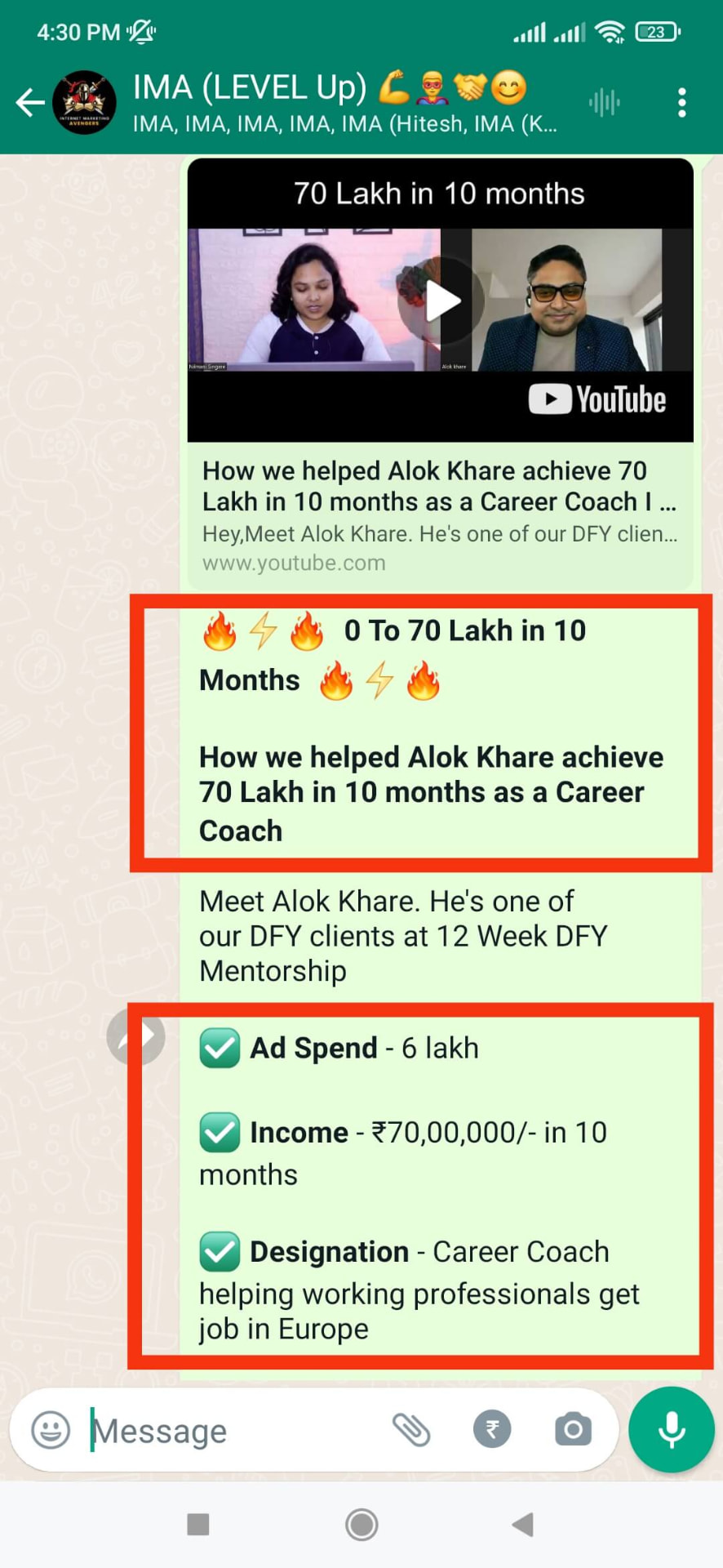 Client result screenshot — Mr. Alok Khare, Career Coach: ₹70 Lakhs in 10 Months