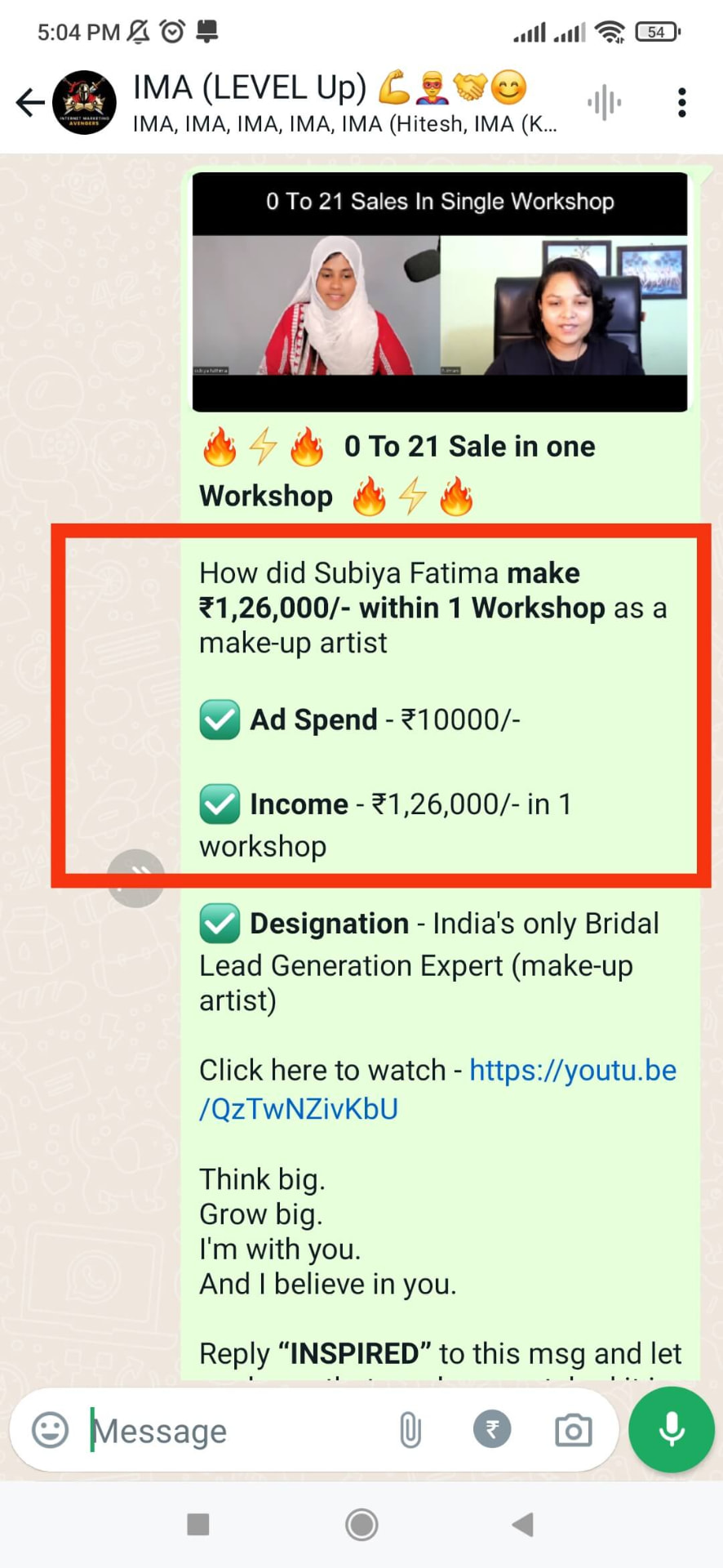 Client result screenshot — Mrs. Subiya Fatima, Makeup Artist: ₹1.26 Lakhs in 1 Workshop
