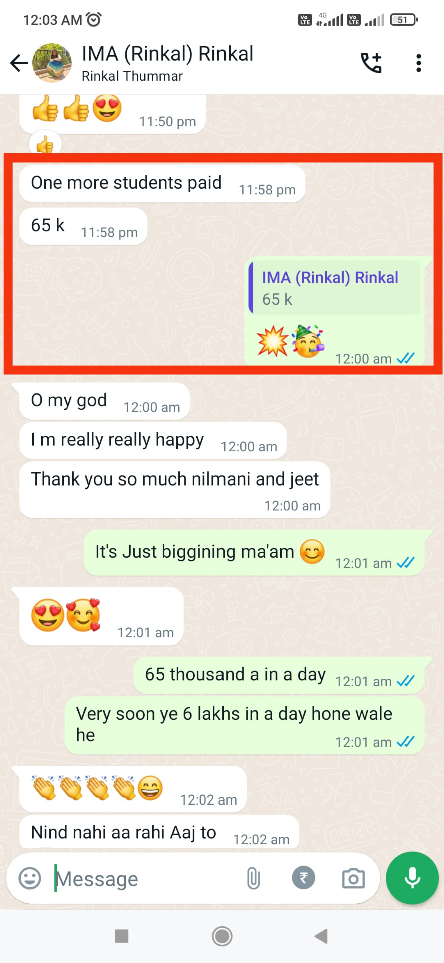 Client result screenshot — Rinkal Patel, Portrait Art Expert: ₹65,000 in a Single Day