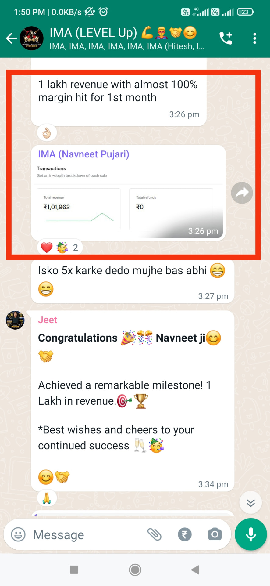 Client result screenshot — Navneet Pujari, Stock Trader: ₹1 Lakh in 30 Days